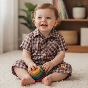 Disney Store Winnie the Pooh Lil Kahuna Surfboard Plaid Polo Romper Size 12 M